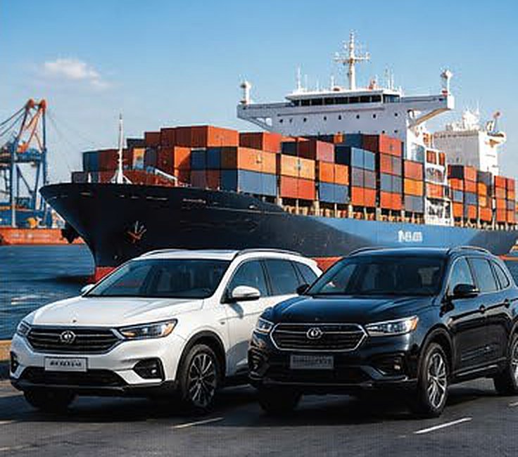 Cargo ship with containers and vehicles in port