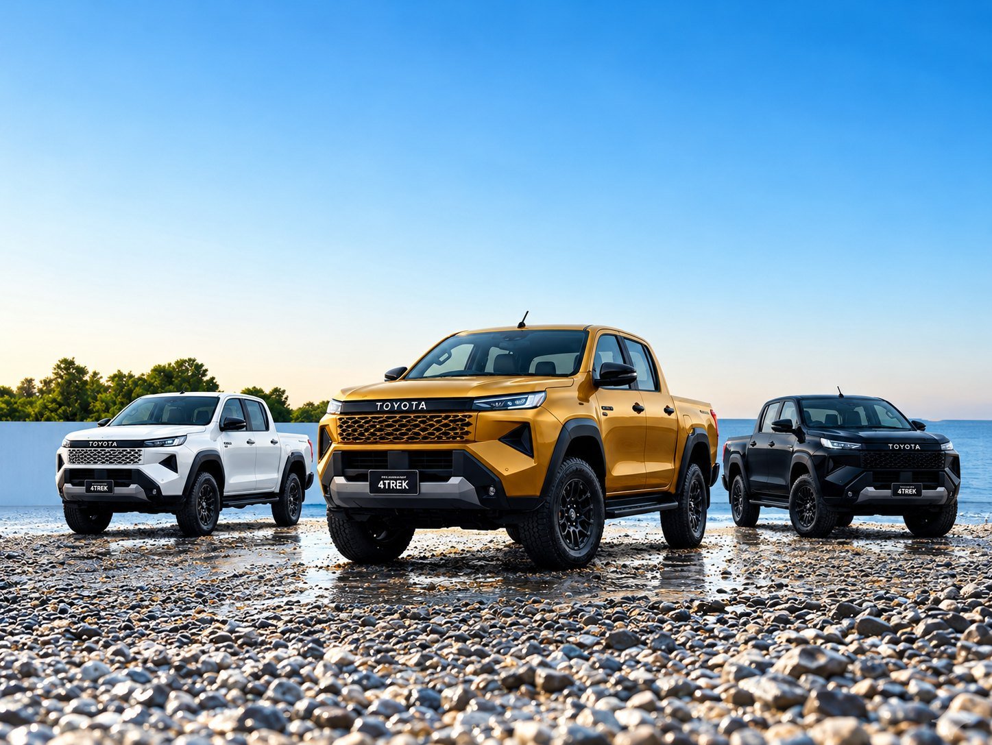 Toyota Hilux 4TREK pickups in white, gold and black